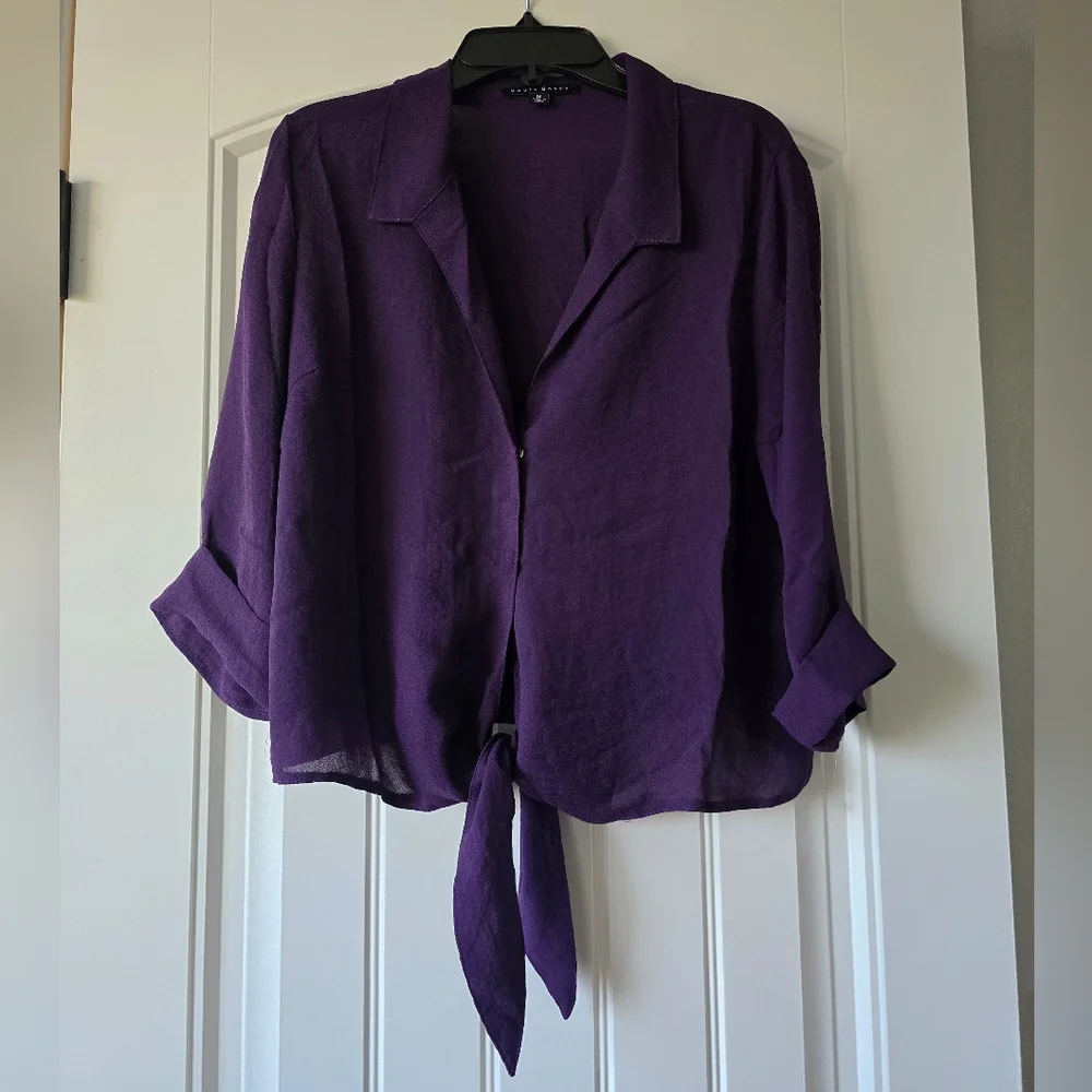 NWT Haute Monde Purple Tie Front Blouse M Collared Lightweight Drapey Chic Top - Picture 3 of 10